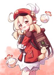 Rule 34 | 1girl, :d, backpack, bag, blonde hair, book, brown gloves, cabbie hat, dress, genshin impact, gloves, hat, heart, highres, hugging object, klee (genshin impact), long sleeves, looking at viewer, looking to the side, open mouth, pointy ears, red dress, red eyes, red hat, setmen, sleeves past wrists, smile, solo, standing, twintails, white background
