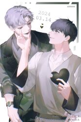 Rule 34 | black hair, black sweater vest, collared shirt, dated, feeding, grey shirt, hand on another&#039;s face, heart, highres, ilay riegrow, jeong taeui, male focus, passion (manhwa), shirt, sweater vest, twitter username, upper body, watch, white background, white hair, white shirt, whiteislife 4, wristwatch, yaoi
