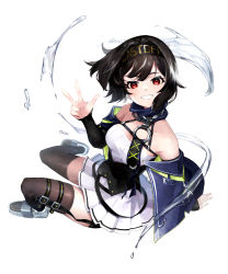 Rule 34 | 1girl, arm support, azur lane, bare shoulders, bike shorts under skirt, black hair, black headband, black thighhighs, blue capelet, blue collar, blush, breasts, capelet, chain, cleavage, collar, collarbone, commentary, cooper (azur lane), full body, garter straps, grin, headband, highres, looking at viewer, matsuhisa (ryo-tsuda1), medium breasts, o-ring collar, off shoulder, pleated skirt, red eyes, shirt, shoes, short hair, sidelocks, simple background, sitting, skindentation, skirt, smile, solo, strapless, strapless shirt, teeth, thigh strap, thighhighs, v, wariza, white background, white shirt, zettai ryouiki