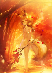 Rule 34 | 1girl, animal ears, autumn, autumn leaves, bad id, bad pixiv id, bare legs, bare shoulders, barefoot, blush, branch, brown eyes, brown hair, dappled sunlight, dress, fang, flower, food, forest, fox ears, fox tail, from behind, fruit, hair flower, hair ornament, hair ribbon, highres, leaf, long hair, looking at viewer, looking back, maple leaf, nature, nose blush, orange (fruit), orange theme, original, outdoors, ribbon, river, rock, short dress, smile, soaking feet, solo, strapless, strapless dress, stream, sundress, sunlight, tail, tree, twintails, vip, wading, water, wristband