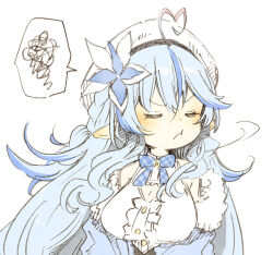 Rule 34 | 1girl, :t, abara heiki, ahoge, blue hair, blue jacket, breasts, closed eyes, closed mouth, elf, flower, fur-trimmed jacket, fur trim, hair flower, hair ornament, hat, heart, heart ahoge, hololive, jacket, long hair, medium breasts, pointy ears, simple background, sketch, solo, spoken squiggle, squiggle, virtual youtuber, white background, yukihana lamy