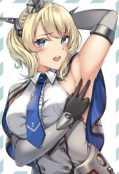 Rule 34 | 1girl, arm up, armpits, blonde hair, blue eyes, blue necktie, blush, braid, breasts, capelet, collared dress, colorado (kancolle), dress, elbow gloves, gauntlets, gloves, grey dress, hair between eyes, hat, headgear, kantai collection, large breasts, lips, looking at viewer, mini hat, necktie, open mouth, presenting armpit, short hair, sideboob, sleeveless, sleeveless dress, solo, spread armpit, upper body, zhou yu (ppaaqz1995)