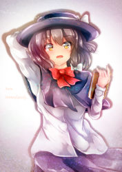 Rule 34 | 1girl, black hair, black skirt, blush, book, bow, bowtie, capelet, cowboy shot, english text, fedora, hair bow, hat, hat bow, highres, holding, holding book, lesshat, looking at viewer, open mouth, red bow, red bowtie, shirt, skirt, solo, tearing up, tears, touhou, usami renko, white bow, white shirt, yellow eyes