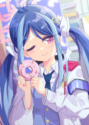 Rule 34 | 1girl, ;), absurdres, antenna hair, armband, bea8do88, blue archive, blurry, bow, coat, collared shirt, commentary request, depth of field, doughnut, food, fubuki (blue archive), hair between eyes, hair bow, hair ornament, hair ribbon, heart, heart hair ornament, highres, holding, holding food, long hair, long sleeves, looking at viewer, multicolored hair, necktie, one eye closed, police, police uniform, policewoman, ribbon, shirt, sidelocks, smile, solo, streaked hair, twintails, two-tone hair, uniform, walkie-talkie, white coat