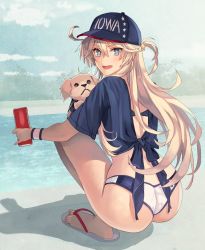 Rule 34 | 1girl, ass, back, baseball cap, bikini, bikini bottom only, blonde hair, blue eyes, blue shirt, can, dog, from behind, full body, hair between eyes, hat, highres, holding, holding can, iowa (kancolle), kantai collection, kasumi (skchkko), long hair, looking at viewer, looking back, open mouth, print headwear, puppy, sandals, shirt, side ahoge, smile, solo, squatting, star-shaped pupils, star (symbol), swimsuit, symbol-shaped pupils, thighs, tied shirt, water, wristband