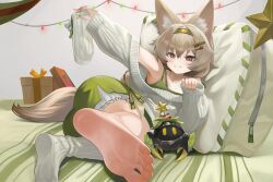 Rule 34 | 1girl, animal ear fluff, animal ears, arknights, bare shoulders, barefoot, beanstalk (arknights), beanstalk (gift uncompleted) (arknights), christmas present, dokomon, feet, foot focus, foreshortening, fox ears, fox tail, gift, green nails, grin, hair ornament, hairband, hairclip, highres, holding sock, looking at viewer, metal crab (arknights), nail polish, no shoes, off-shoulder sweater, off shoulder, official alternate costume, red nails, smile, socks, soles, solo, sweater, tail, toes, two-tone nails, unworn socks, white sweater
