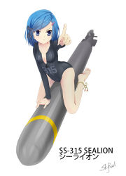 Rule 34 | 10s, 1girl, anklet, barefoot, blue eyes, blue hair, character name, full body, jewelry, kantai collection, kneeling, leotard, matching hair/eyes, original, personification, pointing, riding, short hair, simple background, skyrail, solo, torpedo, united states navy, uss sealion (ss-315), white background