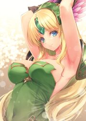 Rule 34 | 1girl, armor, armpits, blonde hair, blue eyes, breasts, brown gloves, closed mouth, commentary request, covered navel, dress, gloves, green dress, hair ornament, headgear, kirishima satoshi, large breasts, long hair, looking at viewer, riesz, seiken densetsu, seiken densetsu 3, shoulder armor, smile, solo, strapless, strapless dress