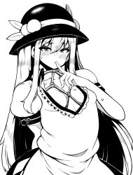 Rule 34 | 1girl, absurdres, bdsm, blush, bondage, bound, breasts, cleavage, closed mouth, food, fruit, hat, high contrast, highres, himajin noizu, hinanawi tenshi, index finger raised, leaf, long hair, looking at viewer, monochrome, peach, puffy sleeves, rope, shibari, shibari under clothes, sidelocks, simple background, small breasts, solo, sweatdrop, touhou, upper body