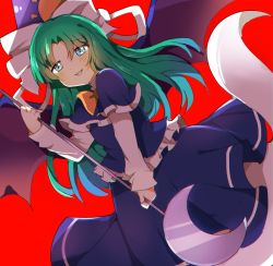 Rule 34 | 1girl, aqua eyes, blue capelet, blue headwear, blue skirt, blue vest, blush, capelet, crescent, demon wings, dutch angle, frilled vest, frills, ghost tail, green hair, hat, highres, holding, holding staff, long hair, long shirt, mima (touhou), parted bangs, red background, simple background, skirt, staff, sun print, touhou, touhou (pc-98), vest, wings, wizard hat, zerokosan