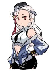 Rule 34 | 1girl, ^^^, black necktie, black shorts, blue jacket, breasts, commentary request, cowboy shot, hand on own hip, headgear, jacket, kantai collection, long hair, looking at viewer, massachusetts (kancolle), medium breasts, midriff, military, military uniform, multicolored hair, navel, necktie, red eyes, red hair, shirt, shorts, simple background, sleeveless, sleeveless shirt, solo, streaked hair, terrajin, uniform, white background, white hair
