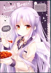 Rule 34 | 1girl, 2011, absurdres, angel, angel beats!, angel wings, blush, breasts, buttons, character name, collared shirt, copyright name, dated, expressionless, fingernails, food, hair between eyes, hair spread out, hands up, highres, holding, holding plate, holding spoon, italian text, jacket, long hair, long sleeves, looking at viewer, mapo tofu, parted bangs, parted lips, plate, ponytail, purple background, ribbon, school uniform, shirt, sidelocks, small breasts, solo, speech bubble, spoon, straight hair, tachibana kanade, tatekawa mako, upper body, very long hair, white hair, white shirt, white wings, wings, yellow eyes, yellow jacket, yellow ribbon