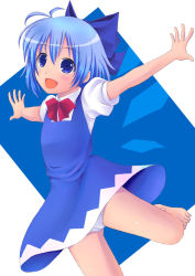 Rule 34 | 1girl, blue eyes, blue hair, bow, cameltoe, cirno, fang, hair bow, masa0430, matching hair/eyes, open mouth, panties, solo, standing, standing on one leg, embodiment of scarlet devil, touhou, underwear, white panties