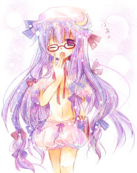 Rule 34 | 1girl, bespectacled, bloomers, bow, female focus, glasses, hand to own mouth, hat, long hair, midriff, mob cap, one eye closed, patchouli knowledge, pink bow, purple eyes, purple hair, solo, suzushiro kurumi, touhou, underwear, very long hair, wink, yawning