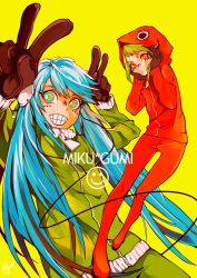 Rule 34 | 2girls, alternate costume, alternate hairstyle, bad id, bad pixiv id, blue eyes, blue hair, character name, facial mark, fishine, gloves, green hair, grin, gumi, hands on own cheeks, hands on own face, hatsune miku, headphones, hood, hoodie, jersey, long hair, matryoshka (vocaloid), multiple girls, red eyes, smile, track suit, v, very long hair, vocaloid