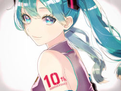 Rule 34 | 1girl, aqua eyes, aqua hair, bare shoulders, close-up, closed mouth, commentary request, english text, from side, hamunezuko (nezukonezu32), hatsune miku, heart, heart in eye, highres, long hair, looking at viewer, purple shirt, shirt, smile, solo, symbol in eye, tattoo, twintails, vocaloid