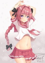 Rule 34 | 1boy, arms up, astolfo (fate), astolfo (sailor paladin) (fate), black ribbon, braid, closed mouth, dated, fate/apocrypha, fate/grand order, fate (series), hair intakes, hair ribbon, long hair, looking at viewer, male focus, midriff, navel, official alternate costume, pink hair, pink skirt, pleated skirt, purple eyes, ribbon, school uniform, serafuku, short sleeves, signature, single braid, skirt, smile, solo, trap, twitter username, unel1211