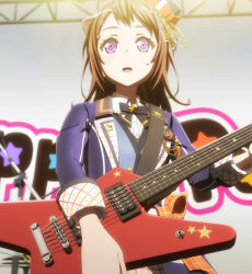 Rule 34 | 1girl, bang dream!, brown hair, electric guitar, guitar, highres, instrument, long hair, purple eyes, screencap, stitched, third-party edit, third-party source, toyama kasumi