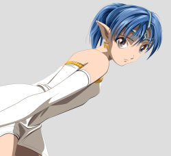 Rule 34 | 1girl, bare shoulders, blue hair, earrings, highres, jewelry, lafiel, looking at viewer, pointy ears, seikai no senki, simple background, solo, tagme