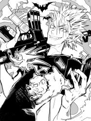 Rule 34 | 1boy, assault rifle, cellphone, dog, dutch angle, earrings, eyeshield 21, finger on trigger, flip phone, greyscale, grin, gun, highres, hiruma youichi, holding, holding gun, holding weapon, jewelry, looking at viewer, male focus, monochrome, multiple earrings, phone, pointy ears, rifle, sanpaku, sharp teeth, short hair, smile, solo, spiked hair, teeth, ueda-pix, upper body, weapon