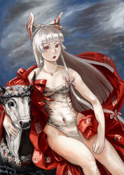 Rule 34 | 1girl, albino, alternate costume, amibazh, blue eyes, blue sky, blunt bangs, bow, breasts, bull, cloud, cloudy sky, collarbone, commentary, eyeshadow, fine art parody, fujiwara no mokou, hair bow, hip focus, impossible clothes, impossible swimsuit, long hair, makeup, navel, one-piece swimsuit, pale skin, parody, red eyes, red lips, sideways glance, silver hair, sky, small breasts, solo, swimsuit, the rape of europa, thighs, touhou, wind, wreath