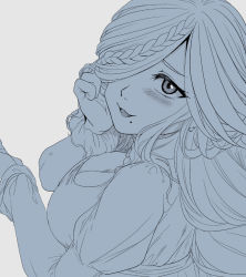 Rule 34 | 1girl, :3, braid, breasts, cleavage, dress, from behind, greyscale, hair over one eye, hand on own cheek, hand on own face, kanimiso umaina, large breasts, long hair, long sleeves, looking at viewer, looking back, marla baldini, mole, mole under mouth, monochrome, nise seiken monogatari, open mouth, simple background, smile, solo, upper body, white background