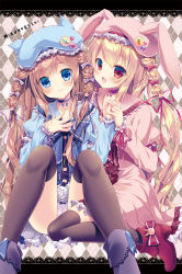 Rule 34 | 2girls, animal hat, argyle, argyle background, argyle clothes, badge, beret, blonde hair, blue dress, blue eyes, blush, boots, braid, brown hair, button badge, cat hat, closed mouth, collar, collarbone, dress, hair ribbon, hand on own chest, hat, heart, highres, holding hands, lace background, long hair, looking at another, looking at viewer, mizuki yuuma, multiple girls, original, over-kneehighs, pink dress, purple footwear, purple ribbon, rabbit hat, red eyes, red footwear, red ribbon, ribbon, sailor collar, sailor dress, sidelocks, sitting, smile, thighhighs, very long hair, wariza