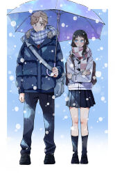 Rule 34 | 1boy, 1girl, :/, arm at side, backpack, bag, black hair, black pants, black skirt, blonde hair, blue background, blue bag, blue eyes, blue jacket, blue scarf, blue socks, blue umbrella, blush, border, brown bag, brown eyes, closed mouth, commentary, couple, crossed arms, enpera, fringe trim, full body, fur-trimmed jacket, fur trim, gradient background, grey bag, height difference, highres, holding, holding umbrella, hood, hood down, hooded jacket, jacket, light brown hair, loafers, long hair, long sleeves, looking at another, looking to the side, maria komaki, necktie, one side up, original, outside border, padded jacket, pants, pink scarf, plaid, plaid scarf, pleated skirt, pocket, red necktie, scarf, shared umbrella, shoes, short hair, skirt, snowing, socks, standing, striped clothes, striped scarf, toggles, two-tone scarf, umbrella, wavy hair, white border, white jacket, white scarf, winter clothes