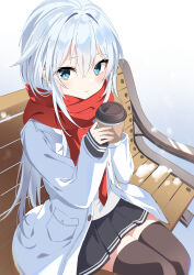 Rule 34 | 1girl, bench, black skirt, blue eyes, blush, closed mouth, coat, coffee cup, cup, disposable cup, fathom, grey hair, hair between eyes, hibiki (kancolle), highres, holding, holding cup, kantai collection, long hair, long sleeves, looking at viewer, open clothes, open coat, pleated skirt, red scarf, scarf, simple background, sitting, skirt, smile, solo, white background, white coat