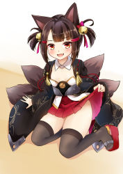 Rule 34 | 1girl, aged down, akagi-chan (azur lane), animal ears, azur lane, bell, black hair, black kimono, black thighhighs, clothes lift, commentary request, detached collar, fang, fox ears, fox tail, hair ornament, japanese clothes, jingle bell, kimono, lifted by self, minase tamaki, miniskirt, multiple tails, no panties, open mouth, red eyes, red skirt, ribbon, sandals, short hair, sitting, skirt, skirt lift, smile, solo, tail, thighhighs, thighs, twintails