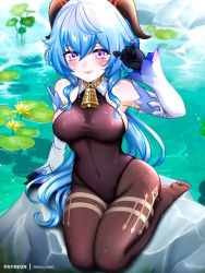 Rule 34 | 1girl, arm up, bare shoulders, barefoot, bell, black gloves, black leotard, black pantyhose, blue hair, blush, bodystocking, bodysuit, breasts, covered navel, day, detached sleeves, ganyu (genshin impact), genshin impact, gloves, groin, highres, horns, legs together, leotard, leotard under clothes, lily pad, long hair, looking at viewer, medium breasts, meru rumi, neck bell, no shoes, outdoors, pantyhose, patreon username, purple eyes, rock, seiza, sideboob, sidelocks, sitting, sitting on rock, skindentation, smile, solo, thighlet, thighs, water, wet, wet clothes, white sleeves