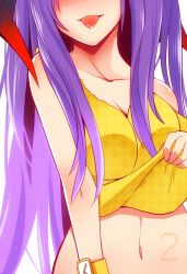 Rule 34 | 1girl, :3, blouse, blush, breasts, cleavage, clothes lift, collarbone, ditienan ddn, hair ribbon, large breasts, long hair, original, purple hair, ribbon, shirt, shirt lift, sleeveless, sleeveless shirt, smile, solo, tongue, tongue out, upper body, watch, white background, wristwatch, yellow shirt
