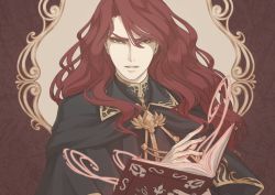 Rule 34 | 1boy, arvis (fire emblem), book, cloak, fire emblem, fire emblem: genealogy of the holy war, holding, holding book, iktk, long hair, looking at viewer, magic, male focus, nintendo, red eyes, red hair, solo, wavy hair