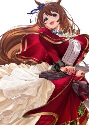 Rule 34 | 1girl, animal ears, blue eyes, blush, bow, braid, breasts, brown hair, clothes lift, dress, dress lift, hair between eyes, horse ears, horse girl, large breasts, long hair, looking at viewer, multicolored hair, open mouth, red dress, school uniform, shirt, skirt, smile, solo, super creek (umamusume), umamusume, very long hair, white background, youmou usagi