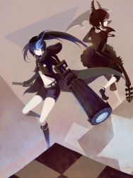 Rule 34 | 10s, 2girls, arm cannon, asllence, black footwear, black hair, black rock shooter, black rock shooter (character), blue eyes, boots, coat, dead master, glowing, glowing eyes, gradient background, green eyes, highres, horns, knee boots, midriff, multiple girls, scar, scythe, shorts, sword, twintails, weapon