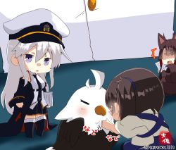 Rule 34 | 1boy, 3girls, akagi (azur lane), animal, animal ears, artist logo, artist name, azur lane, bald eagle, bird, black hair, black thighhighs, blue hakama, blunt bangs, blush, brown hair, commander (azur lane), commentary request, crossover, eagle, enterprise (azur lane), fox ears, fox tail, full body, grey eyes, grim (azur lane), hair between eyes, hakama, hakama skirt, hat, holding, holding paper, japanese clothes, kaga (kancolle), kantai collection, long hair, long sleeves, military, military uniform, mini person, minigirl, motion lines, multiple girls, multiple tails, naval uniform, necktie, open mouth, out of frame, paper, parted lips, peaked cap, petting, pleated skirt, purple eyes, revision, side ponytail, sidelocks, signature, size difference, skirt, standing, surprised, tail, taisa (kari), tasuki, thighhighs, triangle mouth, twitter username, uniform, white hair, white headwear, wide sleeves, zettai ryouiki