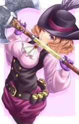 Rule 34 | 1girl, ascot, axe, belt, belt buckle, bicorne, black hat, border, breasts, brown eyes, brown hair, buckle, commentary request, eyelashes, feet out of frame, gloves, hat, highres, holding, holding axe, masatoshi 1219, medium breasts, okumura haru, one eye closed, parted lips, persona, persona 5, puffy sleeves, purple background, purple gloves, short hair, solo, white ascot, white border
