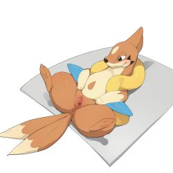 Rule 34 | 1girl, anus, black eyes, blush, clitoral hood, closed mouth, creatures (company), fang, floatzel, full body, furry, furry female, game freak, gen 4 pokemon, half-closed eyes, happy, highres, looking down, lying, multiple tails, nintendo, on back, pokemon, pokemon (creature), presenting, pussy, simple background, smile, solo, spread legs, spread pussy, tail, two tails, uncensored, urethra, white background, youjo modoki