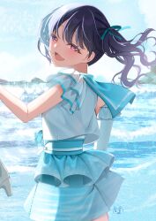 Rule 34 | 1girl, beach, black hair, blue sailor collar, blue skirt, blush, commentary request, commission, day, fang, floating hair, fukumaru koito, hair ribbon, hamcheeseand, highres, idolmaster, idolmaster shiny colors, looking at viewer, looking back, miniskirt, ocean, open mouth, outdoors, purple eyes, ribbon, sailor collar, skeb commission, skin fang, skirt, solo, swept bangs, twintails, wind