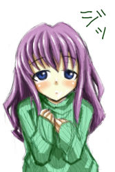 Rule 34 | 1girl, blue eyes, blush, blush stickers, commentary, commentary request, gaoo (frpjx283), green sweater, long hair, looking at viewer, looking up, original, own hands clasped, own hands together, purple hair, sweater, translation request