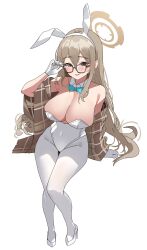 Rule 34 | 1girl, absurdres, akane (blue archive), akane (bunny) (blue archive), animal ears, blonde hair, blue archive, bow, bowtie, breasts, brown eyes, brown shawl, detached collar, fake animal ears, glasses, gloves, halo, high heels, highres, large breasts, leotard, open mouth, pantyhose, playboy bunny, rabbit ears, riel (ataraxia2334), shawl, simple background, white footwear, white gloves, white leotard, white pantyhose