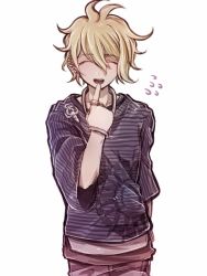 Rule 34 | 1boy, amami rantaro, antenna hair, commentary request, danganronpa (series), danganronpa v3: killing harmony, denim, ear piercing, green hair, grey legwear, hair between eyes, jeans, jewelry, looking at viewer, male focus, necklace, pants, piercing, pointing, pointing at self, ring, riyuta, shirt, short hair, short sleeves, simple background, smile, solo, striped clothes, striped shirt, sweatdrop, white background, wide sleeves, wristband