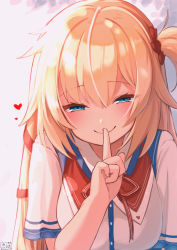 Rule 34 | 1girl, akai haato, akai haato (1st costume), aqua eyes, blonde hair, blush, breasts, closed mouth, commentary request, dress shirt, finger to mouth, hair between eyes, hair ornament, hair ribbon, hand up, heart, heart hair ornament, highres, hololive, large breasts, long hair, looking at viewer, magowasabi, nail polish, red nails, red ribbon, ribbon, shirt, short sleeves, shushing, signature, simple background, smile, solo, twitter username, upper body, virtual youtuber, white shirt