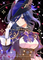 Rule 34 | 1girl, absurdres, ascot, black corset, black hair, blue ascot, blue hair, blue hat, breasts, clorinde (genshin impact), corset, epaulettes, genshin impact, gloves, hat, hat feather, highres, jewelry, large breasts, long hair, looking at viewer, moonieclover, purple ascot, purple eyes, shirt, solo, tricorne, upper body, very long hair, white gloves, white shirt