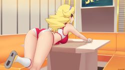 Rule 34 | 1girl, artist name, ass, ass cutout, bare shoulders, bent over, blonde hair, blue hairband, blush, boobies uniform, breasts, cloth, clothing cutout, curvy, diner, eyes visible through hair, from behind, front-tie top, hairband, heart cutout, hip focus, honey (space dandy), indoors, kuroonehalf, large breasts, leg up, long hair, red eyes, short shorts, shorts, smile, solo, space dandy, table, thick thighs, thighs, washing, wide hips, wrist cuffs