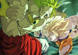 Rule 34 | 2boys, aura, blonde hair, bracelet, broly (dragon ball z), clenched hands, clenched teeth, dragon ball, earrings, galbi (iouytuuyio), green eyes, highres, jewelry, legendary super saiyan, long hair, male focus, motion blur, multiple boys, muscular, necklace, open mouth, punching, son goku, spiked hair, super saiyan, super saiyan 1, teeth, torn clothes, white eyes, yellow pupils