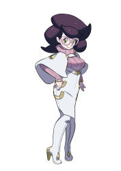 Rule 34 | 10s, 1girl, absurdres, boots, brown hair, creatures (company), full body, game freak, glasses, green eyes, hand on own hip, high heel boots, high heels, highres, looking at viewer, nintendo, official art, pokemon, pokemon sm, ribbed sweater, smile, solo, sugimori ken, sweater, take (illustrator), thigh boots, thighhighs, turtleneck, wicke (pokemon)
