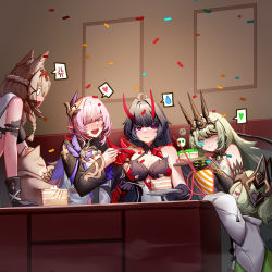 Rule 34 | 1girl, 4girls, :d, absurdres, anger vein, animal, animal ears, armor, bad food, black gloves, breasts, brown hair, cake, cake slice, cat, cat ears, cat girl, cleavage, closed eyes, couch, crown, elysia (honkai impact), elysia (miss pink elf) (honkai impact), food, gauntlets, gloves, green hair, happy birthday, heart, highres, holding, holding plate, honkai (series), honkai impact 3rd, horns, indoors, japanese armor, klein (honkai impact), lab coat, mobius (honkai impact), multiple girls, open clothes, open mouth, pink hair, plate, pointy ears, purple eyes, purple hair, raiden mei, raiden mei (herrscher of thunder), sitting, smile, spoken anger vein, spoken heart, spoken sweatdrop, sweatdrop, table, user danz7374