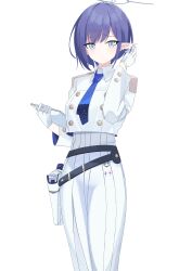 Rule 34 | 1girl, absurdres, aoi (blue archive), belt, blue archive, blue hair, blue necktie, breasts, cropped shirt, earclip, gloves, halo, highres, holding, holding notepad, holster, long sleeves, looking at viewer, loose belt, medium breasts, mole, mole under eye, necktie, notepad, pleated skirt, pointy ears, shirt, short hair, simple background, skirt, solo, tnr (horiko1525), white background, white gloves, white shirt, white skirt