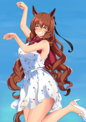 Rule 34 | 1girl, animal ears, armpits, bare shoulders, black bow, blue sky, blush, bow, breasts, brown hair, closed eyes, closed mouth, commentary request, dress, ear bow, ear ornament, facing viewer, golshi&#039;s first place pose, grin, hair between eyes, hair bow, hakase yurisuki, high heels, highres, horse ears, horse girl, long hair, maruzensky (umamusume), medium breasts, neckerchief, official alternate costume, outdoors, red neckerchief, sky, sleeveless, sleeveless dress, smile, solo, umamusume, very long hair, white dress, white footwear